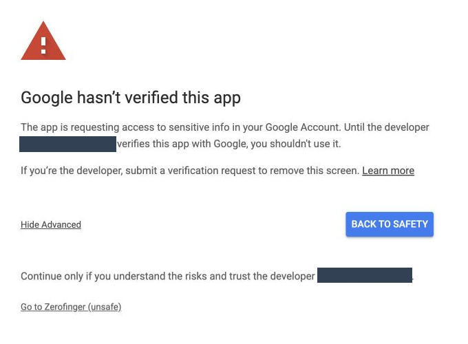 3. Review additional information. Advanced exposed a Go to Zerofinger (unsafe) link for this account. Its presence is not approval or certification from Google.