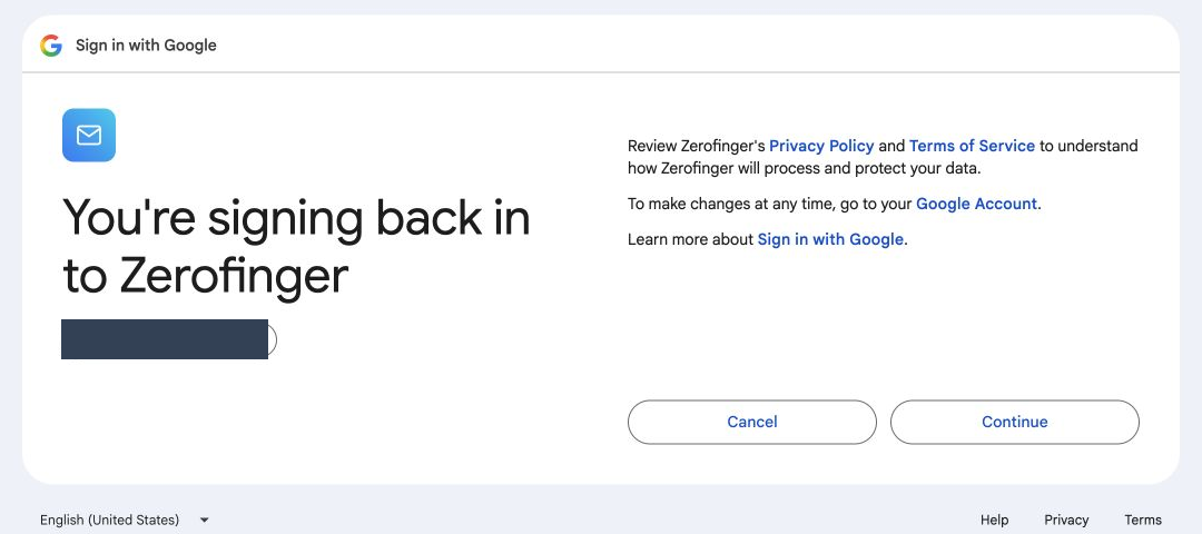 4. Review before confirming. This account had connected before, so Google showed a returning-account confirmation. We chose Cancel. A first connection may show individual permissions instead.