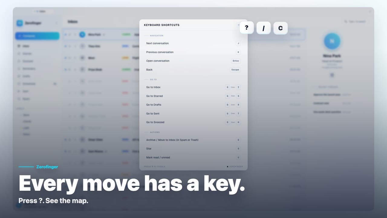 Zerofinger inbox showing keyboard-first Gmail workflow